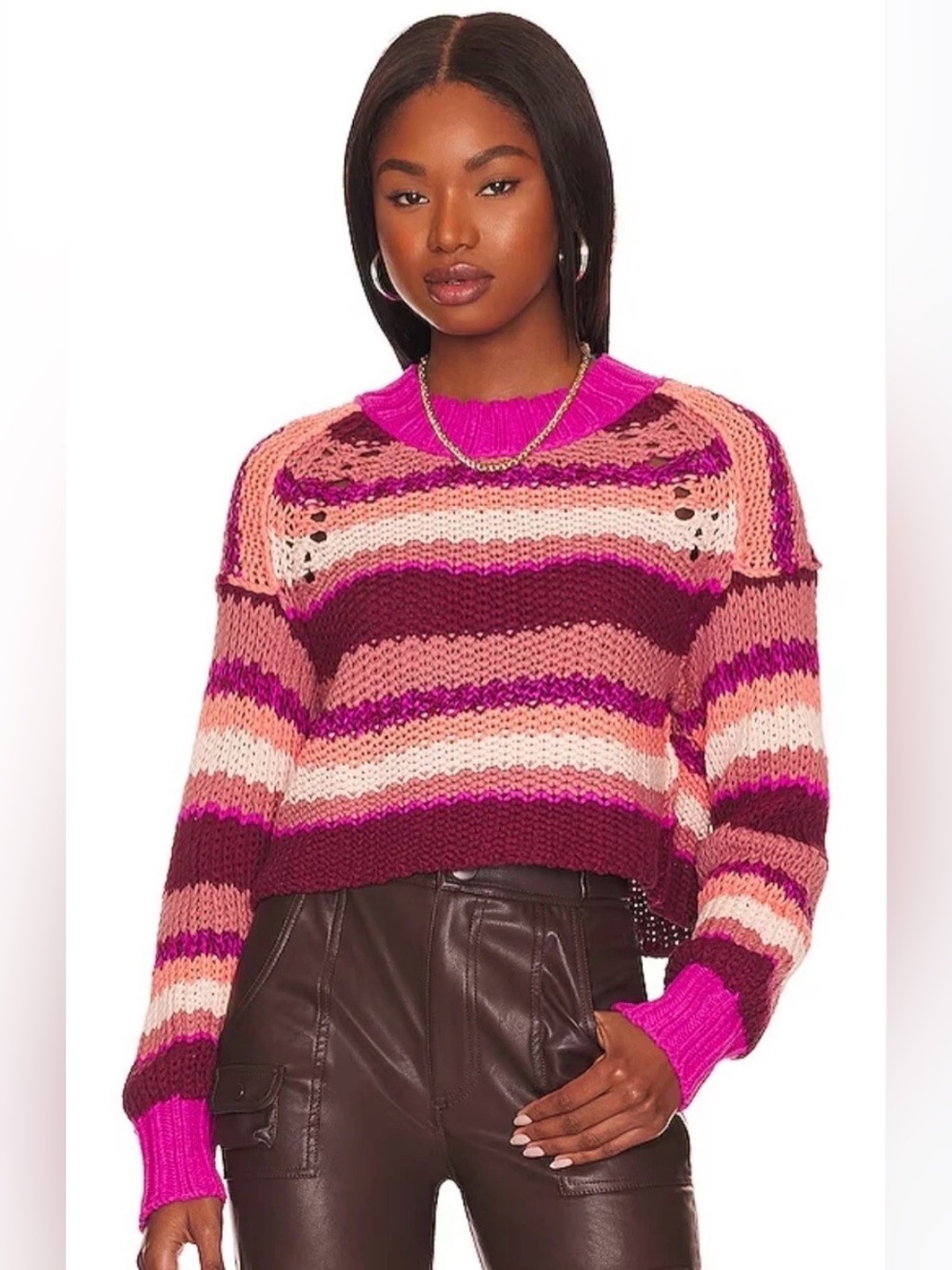 Free People Devon Fuschia Rose Pink Striped Knit Cropped Sweater Size Small